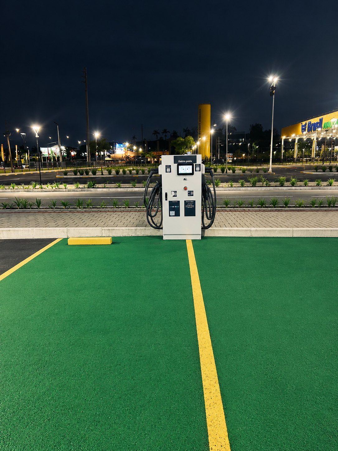The Araquari charger at night, in the Multi Space parking lot, with the spots painted green.