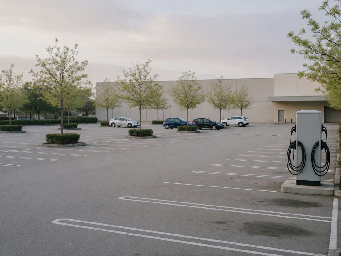 Open parking lot of a shopping center in the morning, with a charger at the edge of the spots.