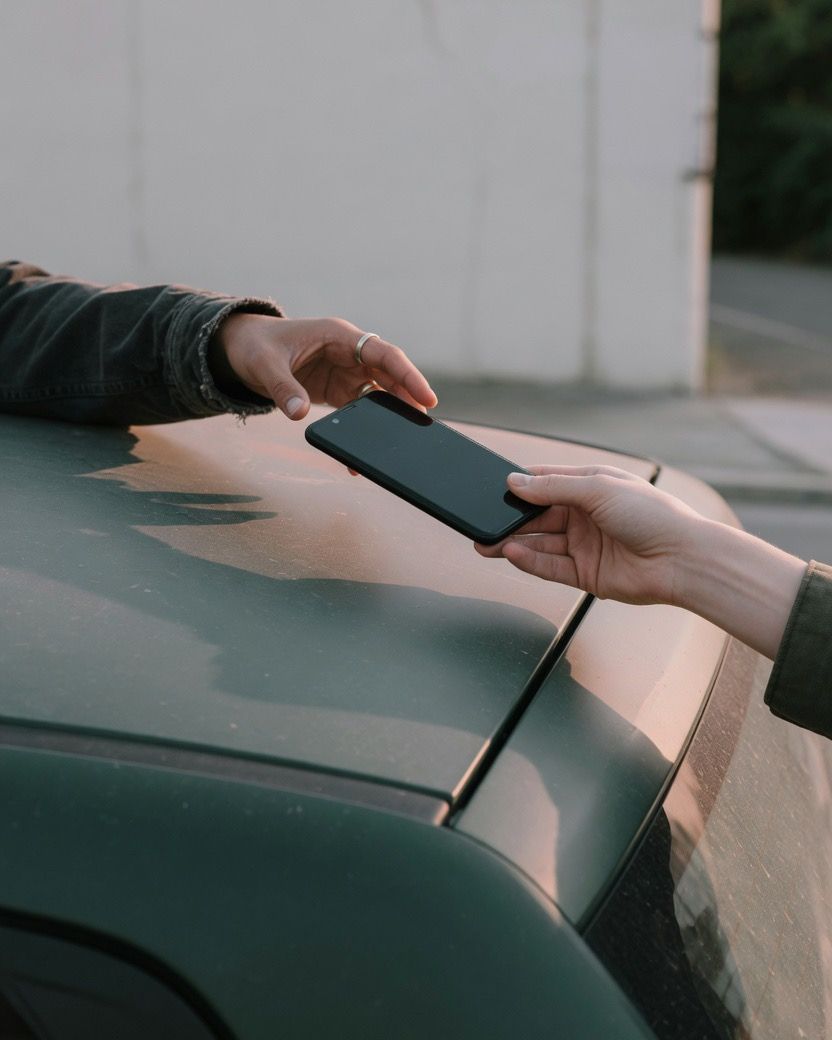 Duas mãos passando um celular por cima do teto de um carro estacionado.