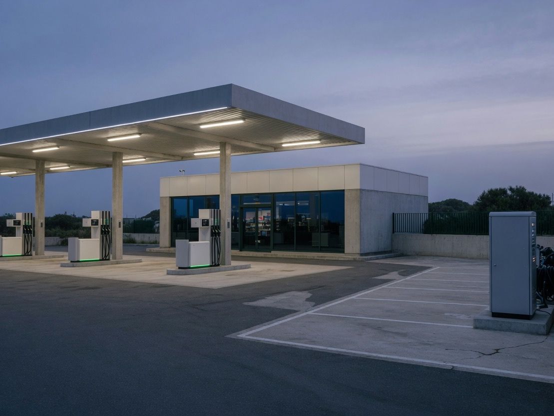 Gas station at dusk, with the convenience store lit and a charger next to the spots.