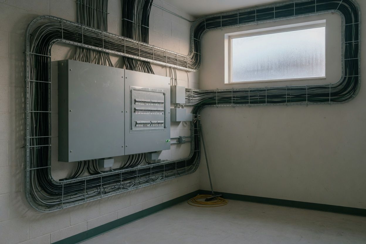 A tidy electrical room, with a gray distribution panel and cable trays, lit by a tall window.
