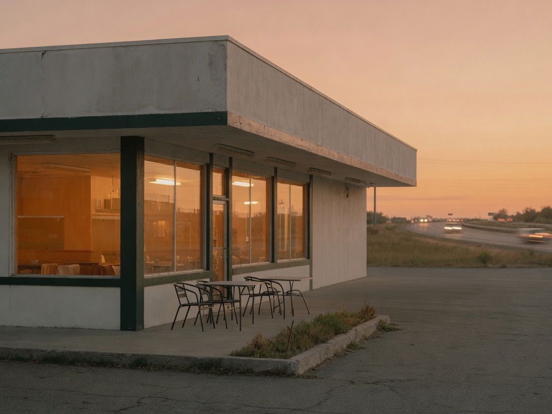 Roadside restaurant at dusk, with lit windows and the road in the background.