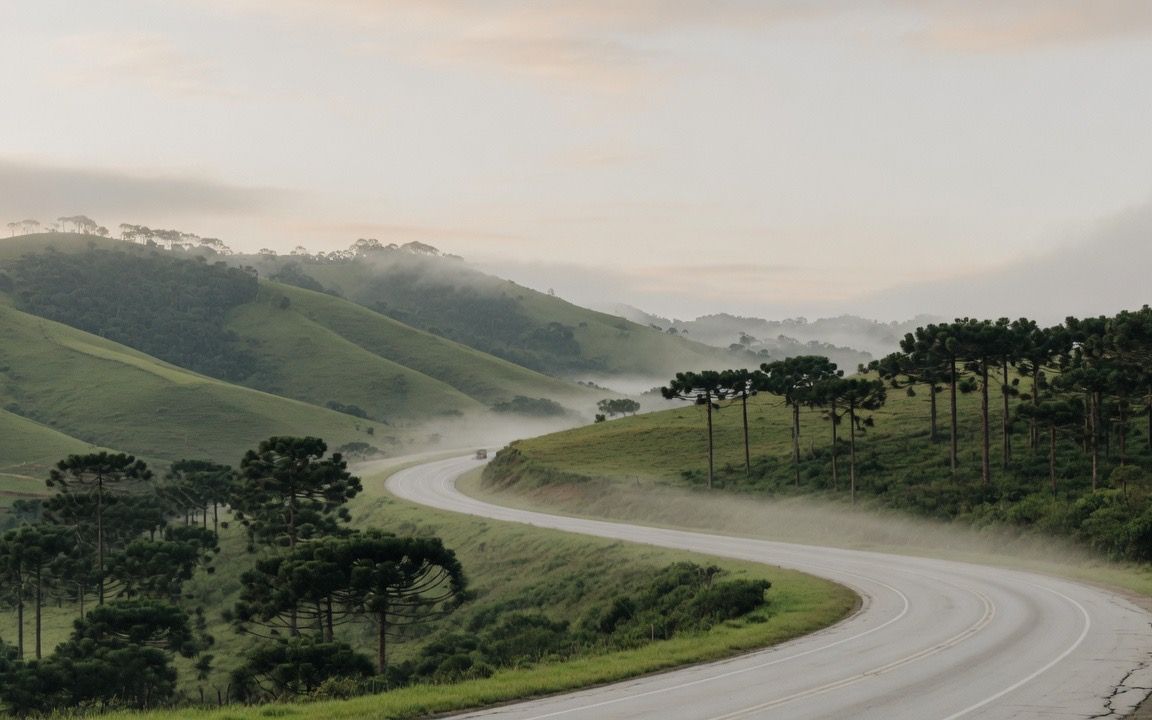 Rodovia de pista dupla em curva entre morros verdes com araucárias, na névoa da manhã.