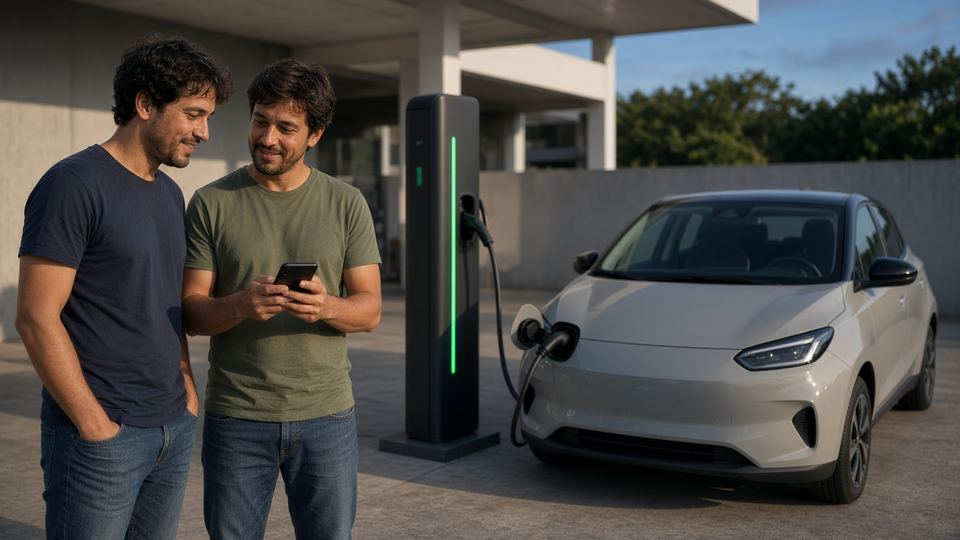 Dois amigos olhando um celular ao lado de um carregador da Elektro Charge, com um carro elétrico plugado ao fundo