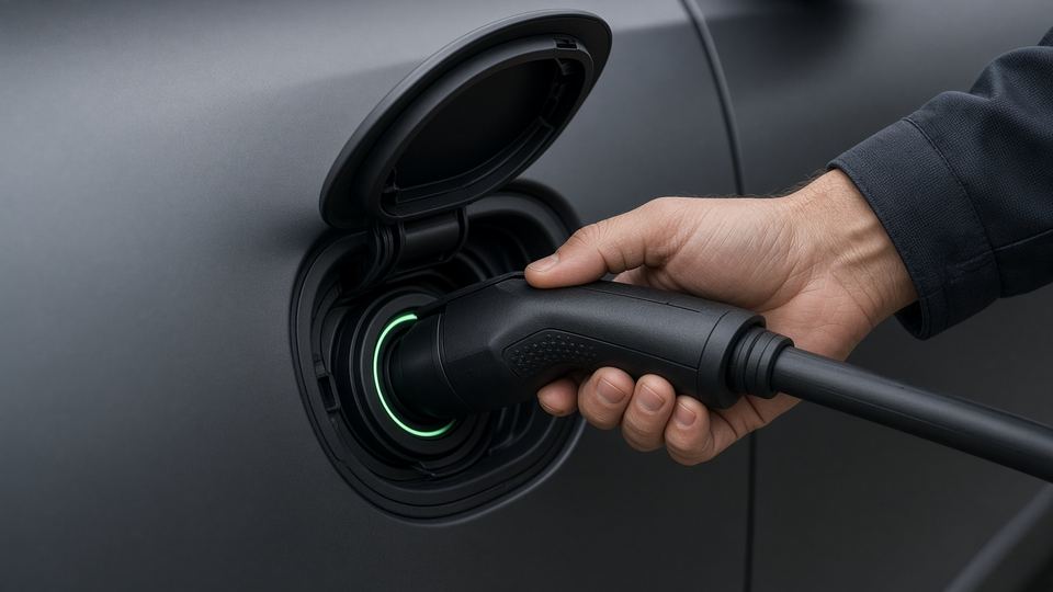 Mão encaixando o conector de recarga na tomada de um carro elétrico, com o anel de luz verde aceso