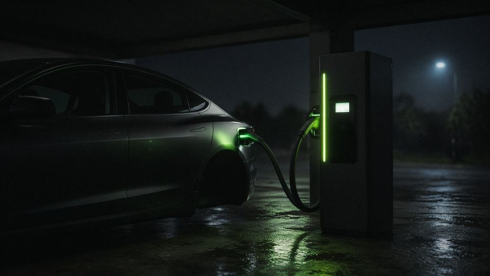 Carro elétrico escuro carregando à noite num carregador com a faixa de luz verde acesa, em estacionamento coberto
